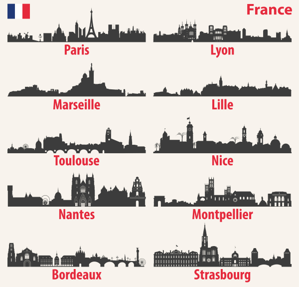  silhouette ombre des 10 plus grandes villes de France avec leur nom écrit en rouge au dessous